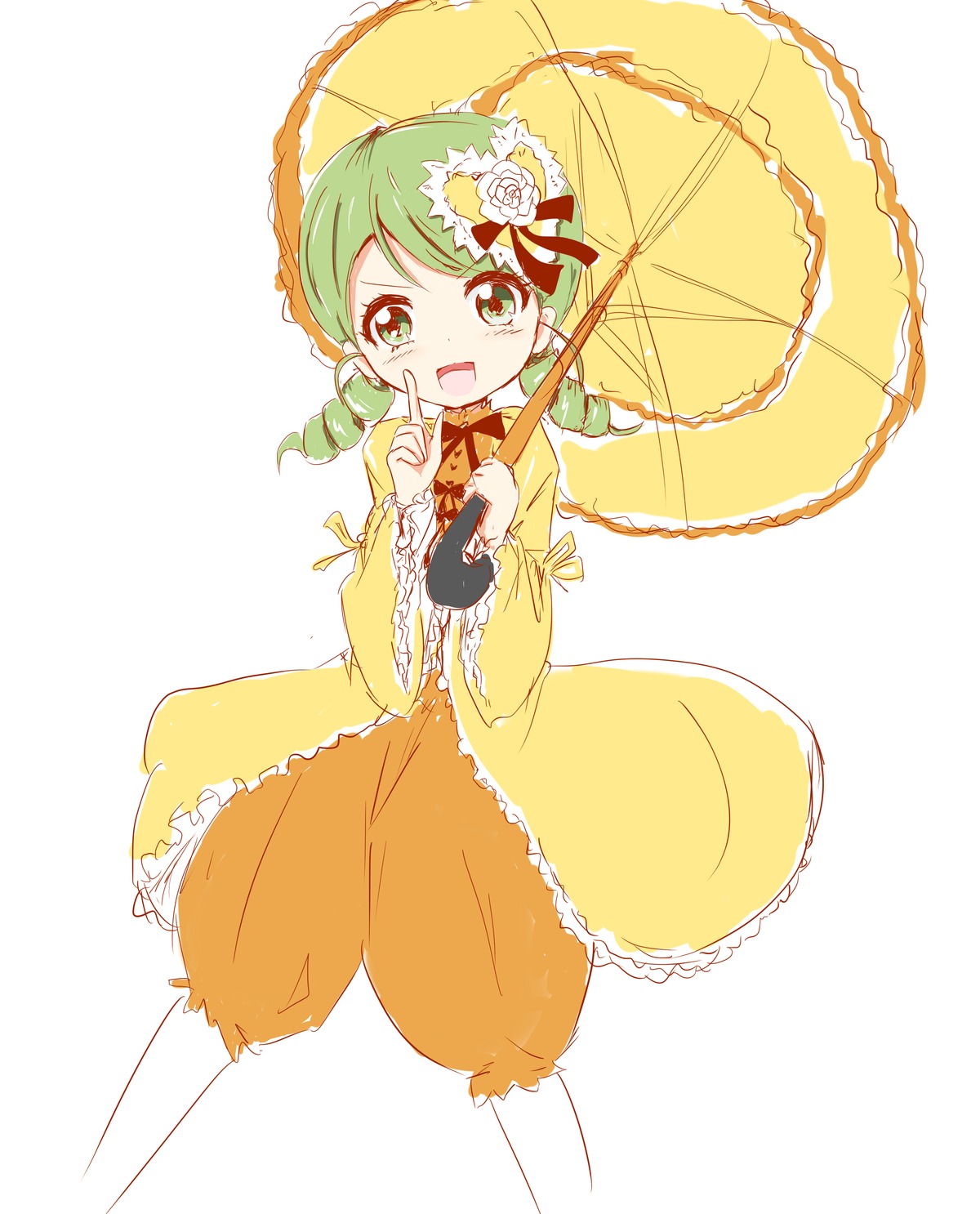 1girl dress drill_hair flower green_eyes green_hair hair_flower hair_ornament holding holding_umbrella image kanaria long_sleeves looking_at_viewer open_mouth parasol red_umbrella simple_background smile solo twin_drills umbrella white_background wide_sleeves