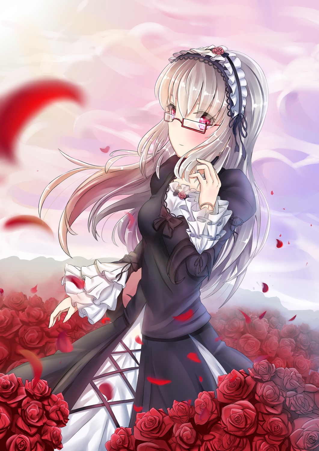 1girl black_dress blurry blush depth_of_field dress flower frilled_sleeves frills glasses gothic_lolita hairband image lolita_fashion lolita_hairband long_hair long_sleeves petals pink_rose purple_rose red_eyes red_flower red_rose rose rose_petals silver_hair solo spider_lily suigintou thorns