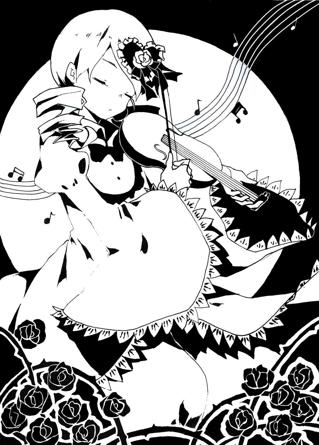 1girl beamed_eighth_notes closed_eyes drill_hair eighth_note flower greyscale hair_ornament hat image kanaria monochrome musical_note rose solo thighhighs tomoe_mami twin_drills twintails