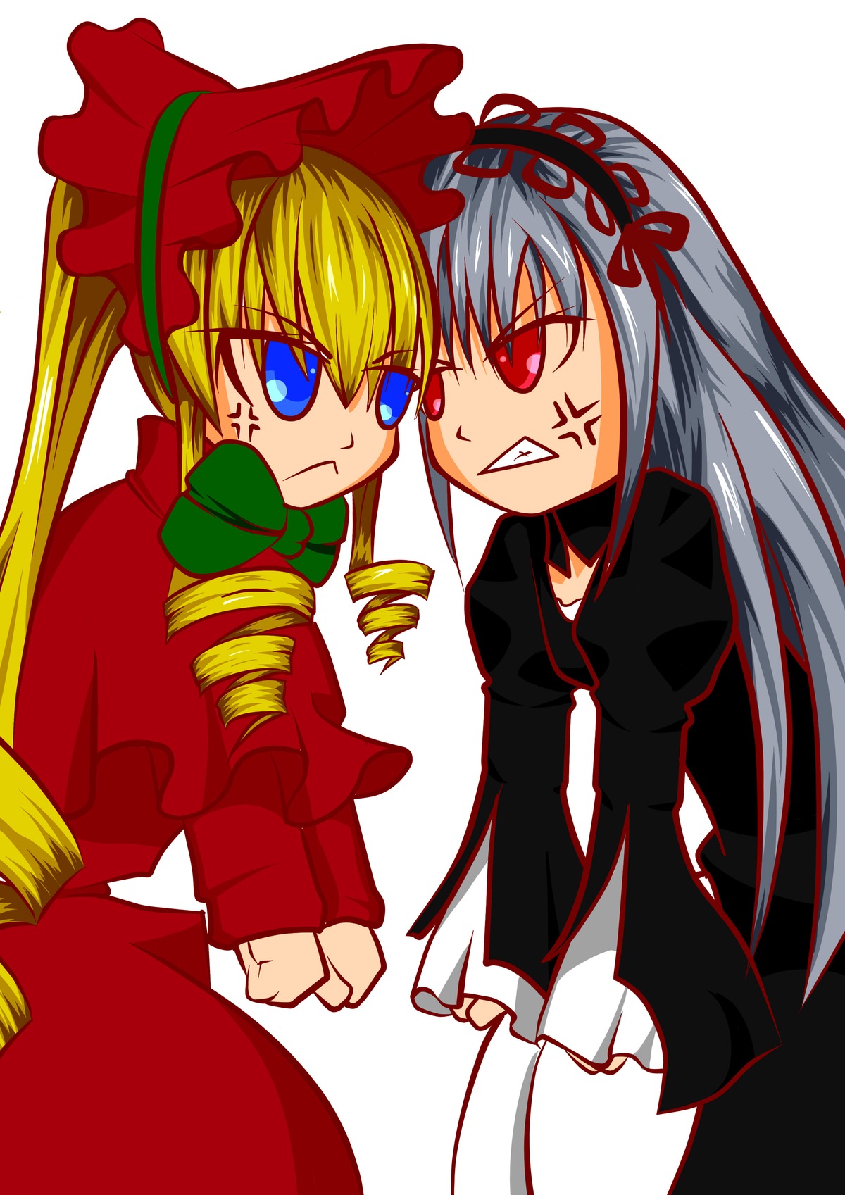 2girls anger_vein angry blonde_hair blue_eyes bow clenched_teeth dress drill_hair hairband image long_hair long_sleeves multiple_girls pair red_dress red_eyes shinku silver_hair suigintou teeth twintails