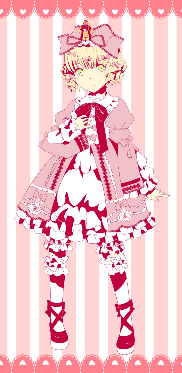 1girl blonde_hair bow dress frills green_eyes hat hinaichigo image lolita_fashion long_sleeves shoes short_hair solo striped striped_background striped_legwear vertical_stripes