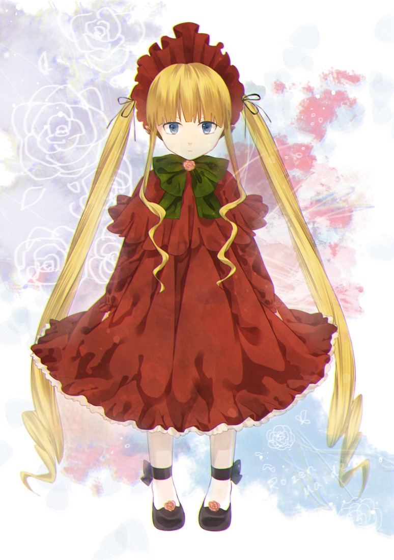 1girl bangs black_footwear blonde_hair blue_eyes bonnet bow bowtie dress drill_hair flower full_body green_bow image long_hair long_sleeves looking_at_viewer red_dress rose shinku shoes solo standing twintails v_arms very_long_hair