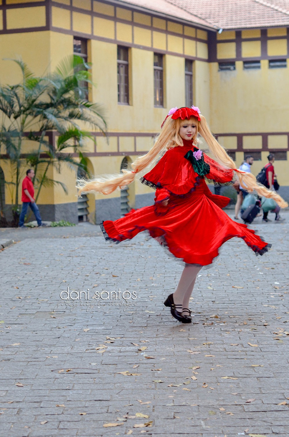 1girl black_footwear blonde_hair dress hat long_hair long_sleeves red_dress shinku shoes solo