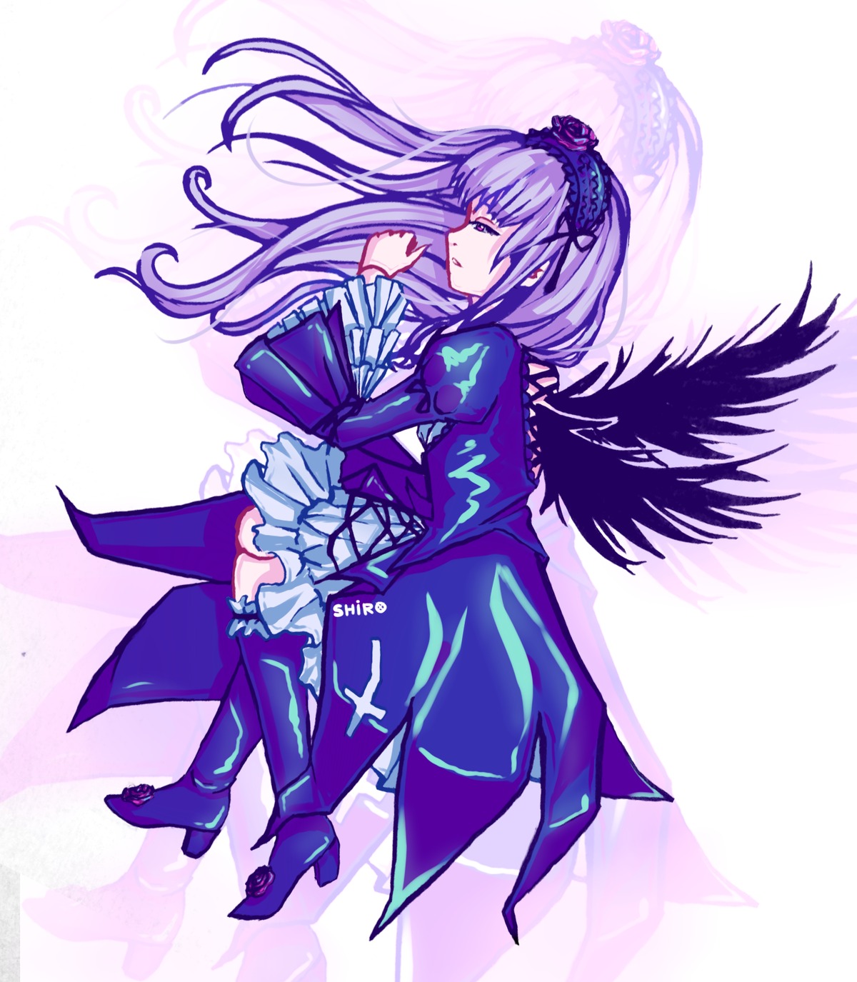 1girl black_wings boots dress frills full_body hairband high_heel_boots high_heels image long_hair long_sleeves ribbon rose solo suigintou thighhighs wings