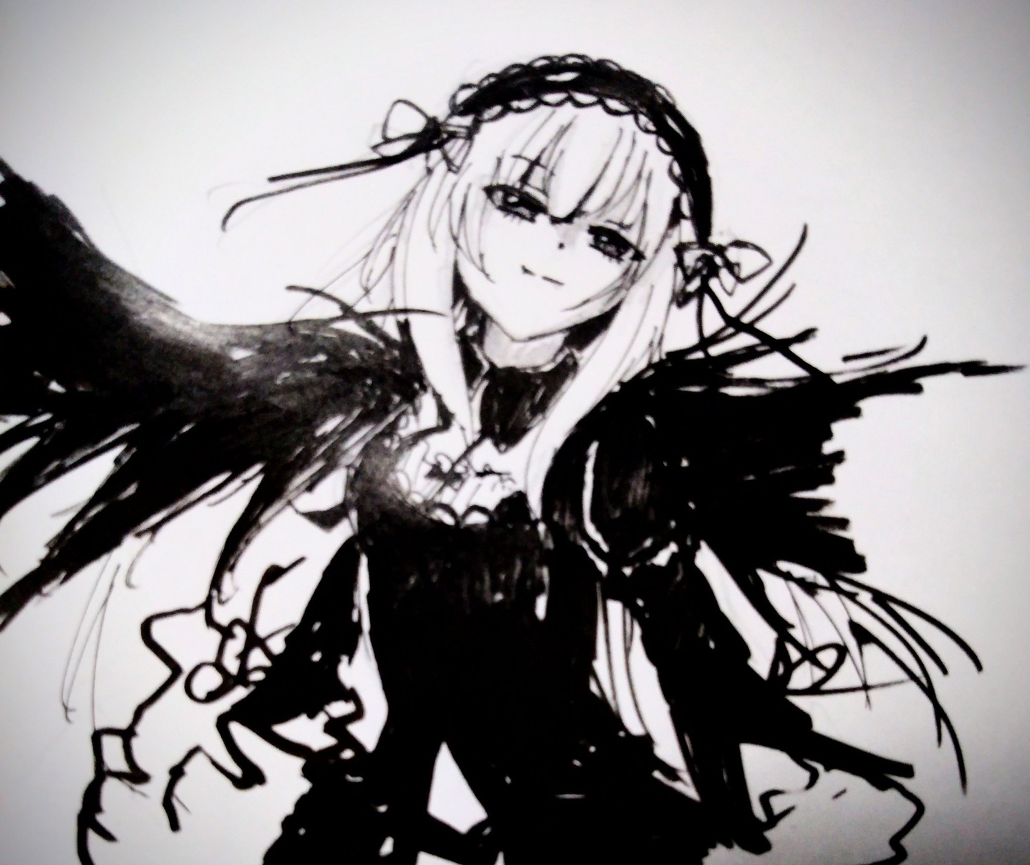 1girl black_wings closed_mouth detached_collar dress flower gradient gradient_background grey_background greyscale hairband image lolita_hairband long_hair long_sleeves looking_at_viewer monochrome rose smile solo suigintou upper_body very_long_hair wings