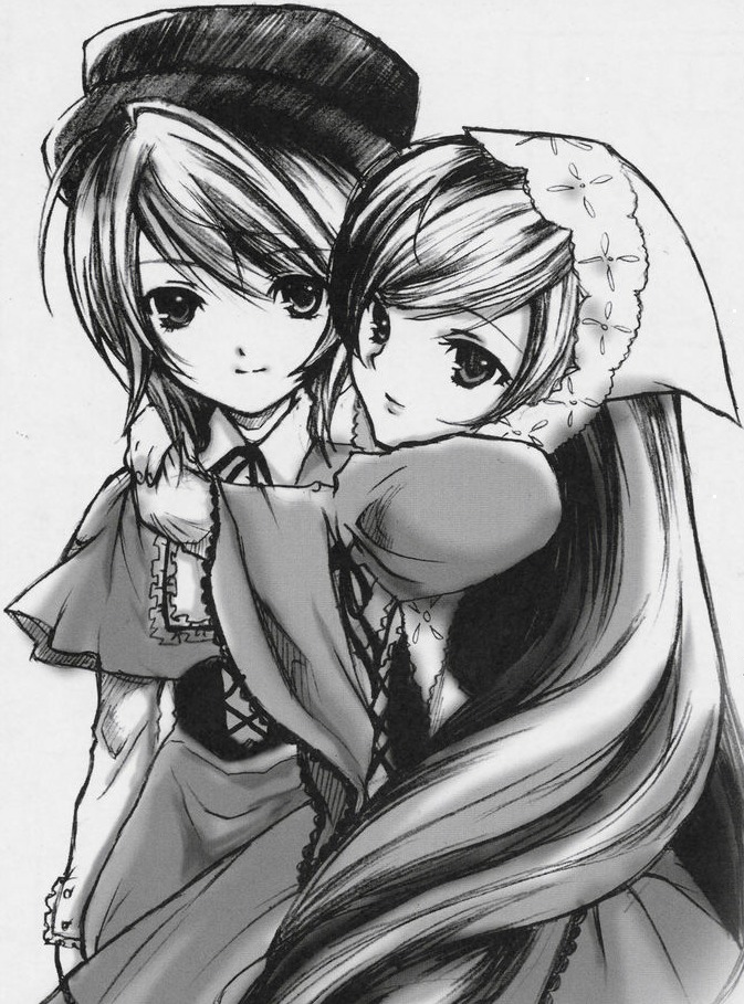 2girls blush bonnet dress frills greyscale hat hug image long_hair long_sleeves looking_at_viewer monochrome multiple_girls pair simple_background smile souseiseki suiseiseki very_long_hair white_background