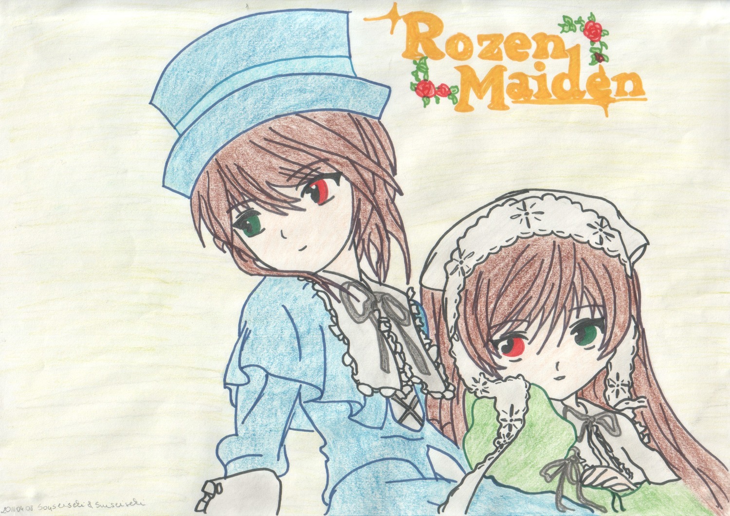 2girls brown_hair dress frills green_dress green_eyes hat heterochromia image long_hair long_sleeves looking_at_viewer multiple_girls pair red_eyes siblings simple_background sisters smile souseiseki suiseiseki twins