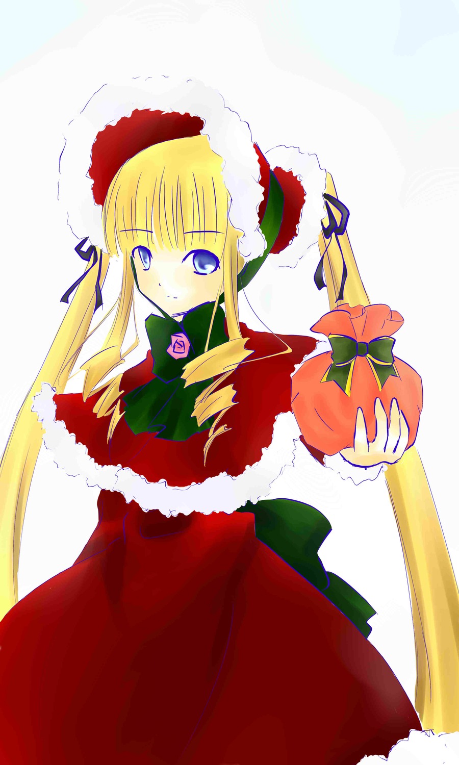 1girl blonde_hair blue_eyes bonnet bow bowtie capelet christmas cowboy_shot dress drill_hair green_bow green_neckwear holding image long_hair long_sleeves looking_at_viewer red_dress santa_hat shinku sidelocks simple_background solo standing twin_drills twintails white_background