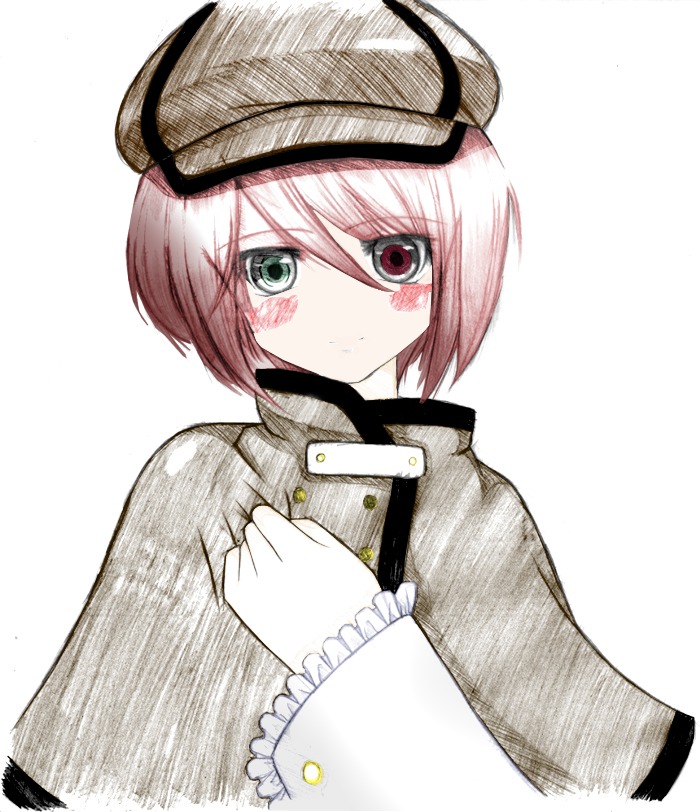 1boy ahoge hat heterochromia image long_sleeves looking_at_viewer military military_uniform pink_hair red_eyes solo souseiseki striped uniform upper_body white_background