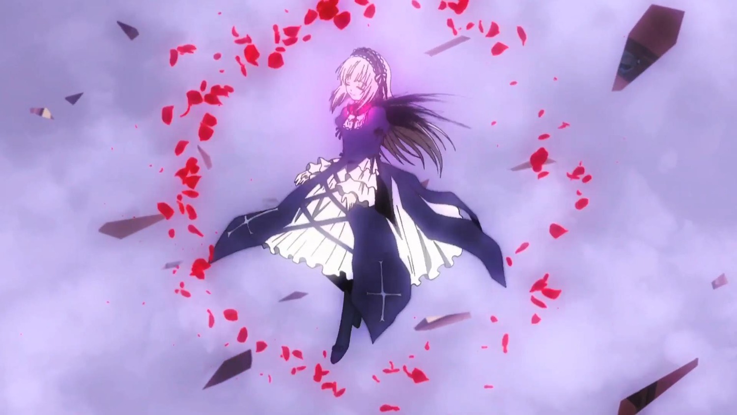 1girl black_dress black_wings closed_eyes dress flower hairband image long_hair long_sleeves petals ribbon rose_petals silver_hair solo suigintou wings