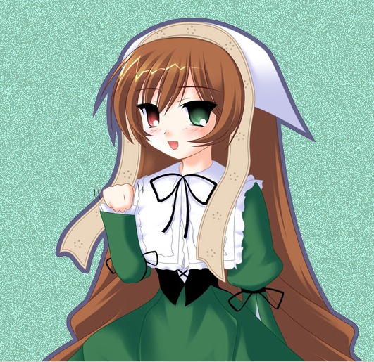 1girl :d brown_hair dress frills green_background green_dress green_eyes head_scarf heterochromia image long_hair long_sleeves looking_at_viewer open_mouth red_eyes smile solo suiseiseki very_long_hair