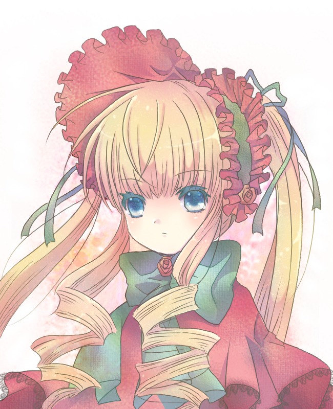 1girl bad_id bad_pixiv_id blonde_hair blue_eyes bonnet bow bowtie dress drill_hair flower hair_ribbon image long_hair long_sleeves looking_at_viewer m-mi red_dress ribbon rose rozen_maiden shinku sidelocks simple_background solo twin_drills twintails upper_body white_background