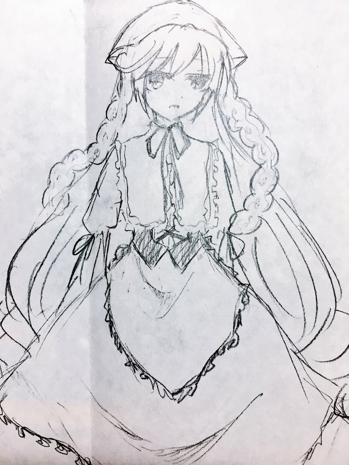 1girl braid dress frills greyscale image long_hair long_sleeves looking_at_viewer monochrome sketch solo suiseiseki twin_braids very_long_hair