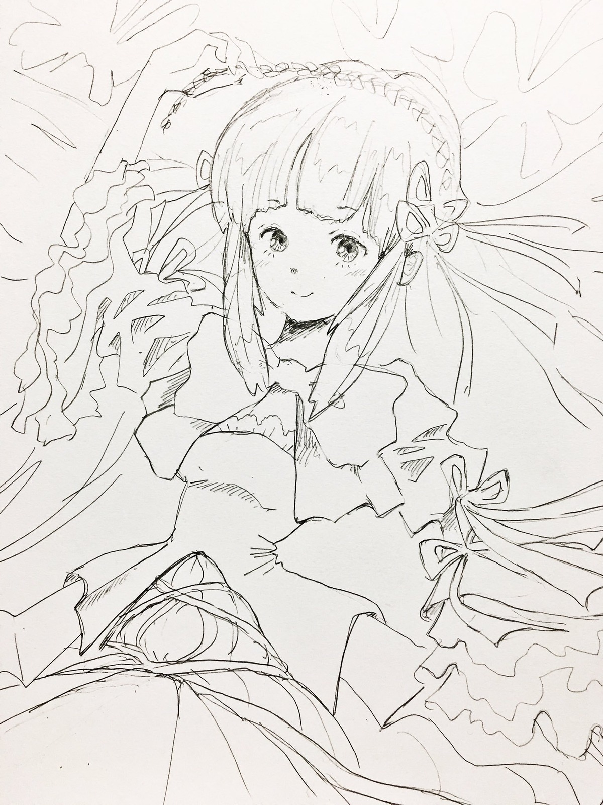 1girl bangs blunt_bangs blush closed_mouth dress eyebrows_visible_through_hair flower greyscale hair_ornament image long_hair long_sleeves looking_at_viewer lying monochrome on_back ribbon smile solo suigintou traditional_media very_long_hair wide_sleeves