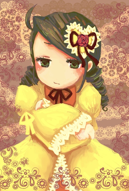 1girl dress drill_hair flower green_eyes green_hair hat image kanaria long_sleeves looking_at_viewer pillow ribbon rose solo twin_drills yellow_dress