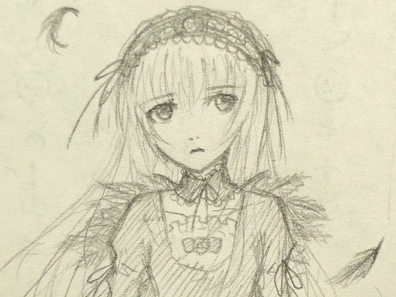 1girl closed_mouth detached_collar eyebrows_visible_through_hair hairband image long_hair looking_at_viewer monochrome simple_background sketch solo suigintou traditional_media upper_body