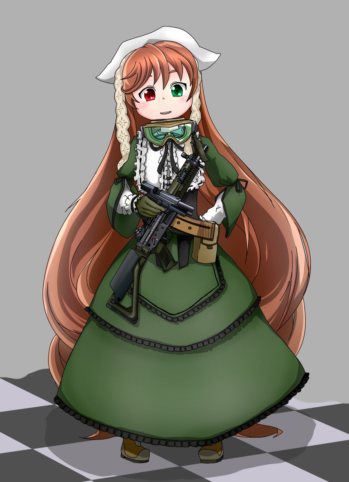 1girl argyle argyle_background brown_hair checkered checkered_background checkered_floor chess_piece corset dress full_body gloves green_dress green_eyes heterochromia image long_hair perspective red_eyes solo suiseiseki tile_floor tiles very_long_hair