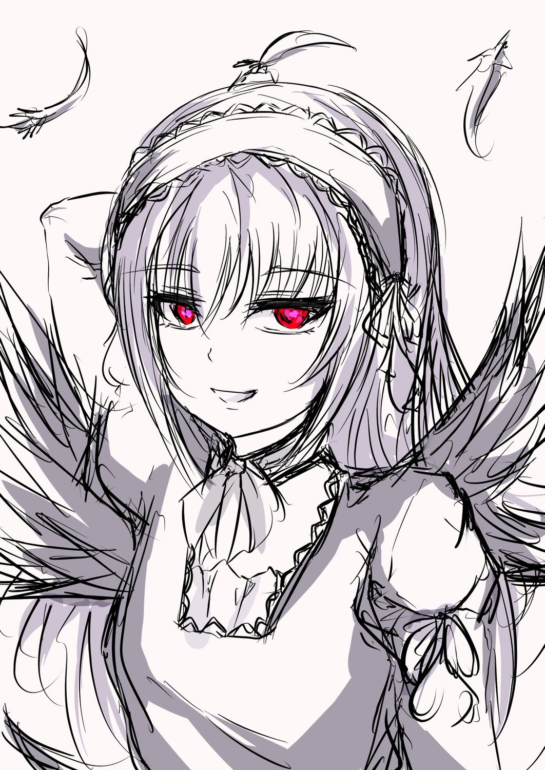 1girl dress eyebrows_visible_through_hair feathered_wings feathers hairband image lolita_hairband long_hair long_sleeves looking_at_viewer monochrome smile solo suigintou upper_body wings