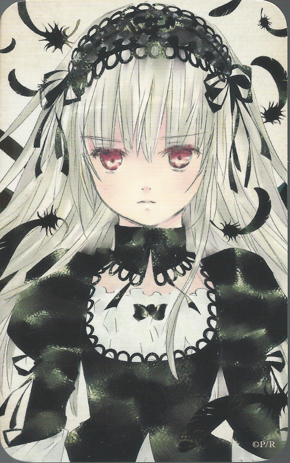 1girl bangs black_feathers black_ribbon closed_mouth detached_collar dress feathers flower frills hairband image long_hair long_sleeves looking_at_viewer marker_(medium) puffy_sleeves red_eyes ribbon silver_hair solo suigintou traditional_media upper_body wings