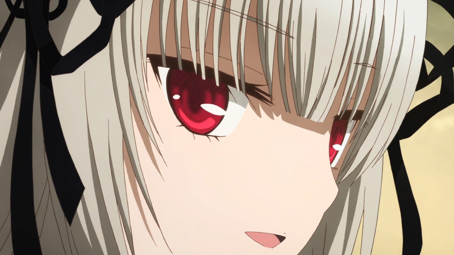 1girl bangs black_ribbon blush close-up eyebrows_visible_through_hair face hair_ribbon image looking_at_viewer open_mouth red_eyes ribbon simple_background solo suigintou