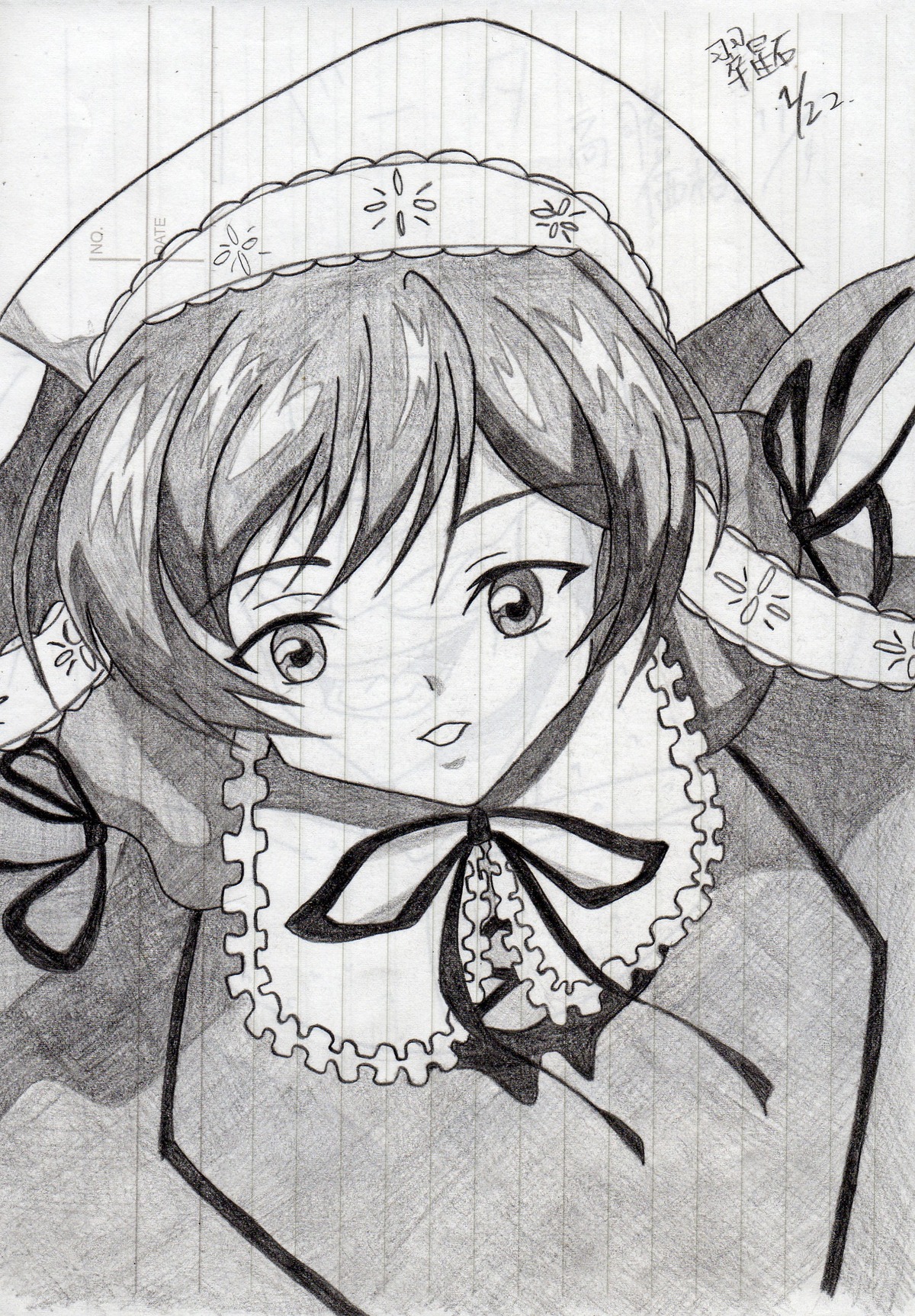 1girl breasts dress frills greyscale image looking_at_viewer monochrome neck_ribbon ribbon signature solo suiseiseki traditional_media