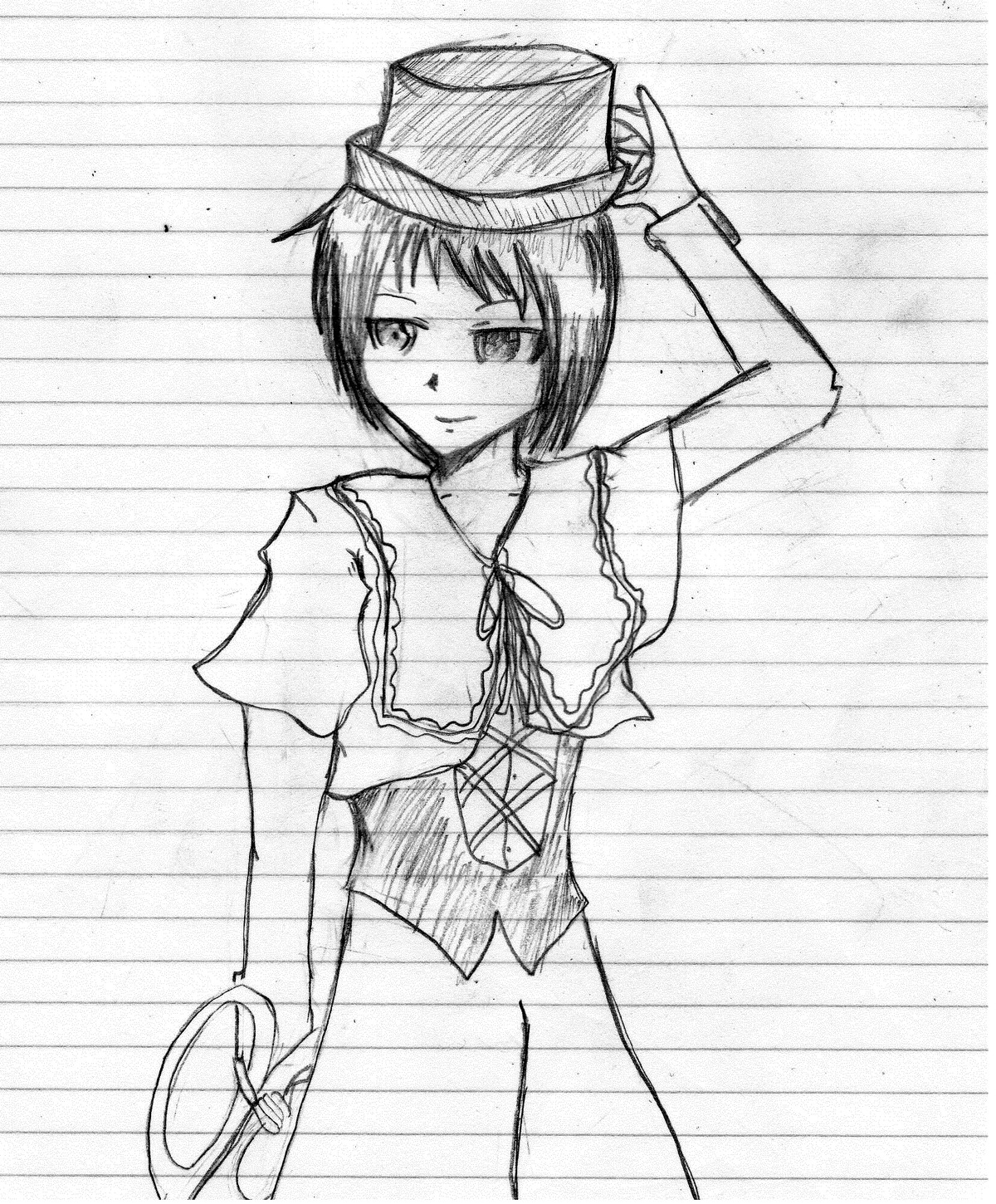 1girl auto_tagged blush capelet greyscale hat image looking_at_viewer monochrome short_hair smile solo souseiseki