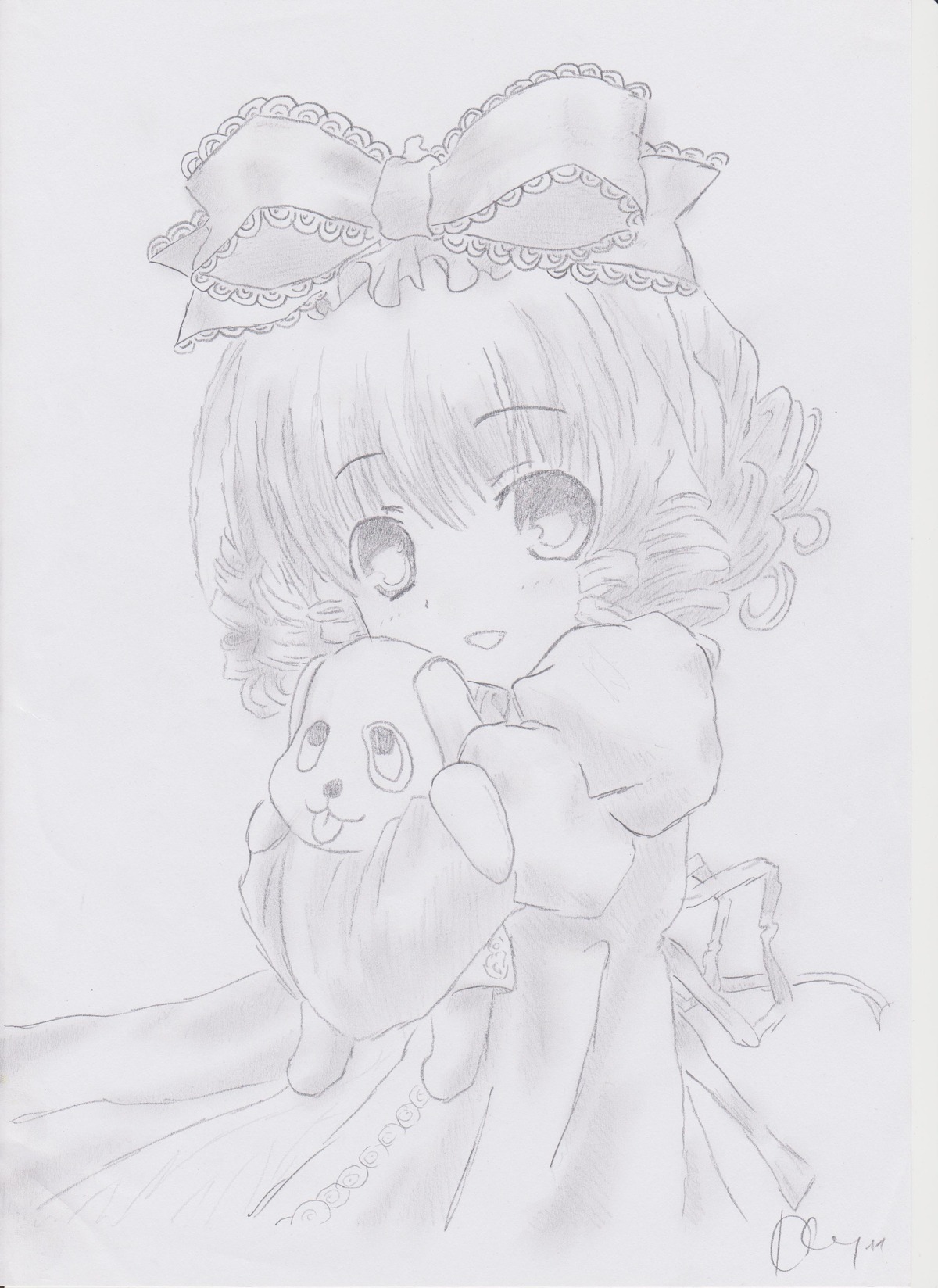 1girl blush bow dated dress front_ponytail hair_bow hair_ribbon hina_ichigo hinaichigo image kagiyama_hina looking_at_viewer monochrome open_mouth ribbon signature smile solo striped stuffed_animal traditional_media