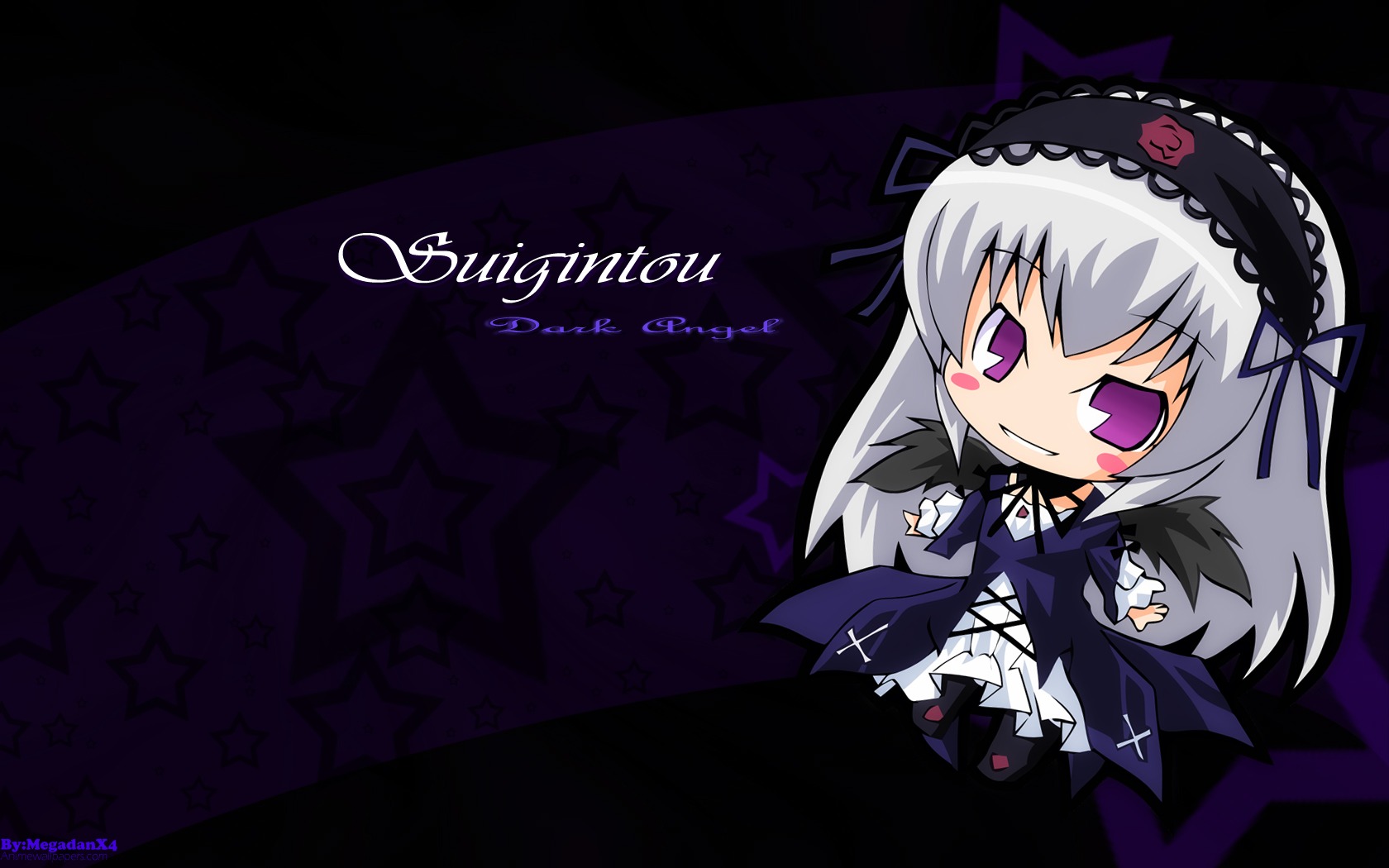 1girl chibi dress flower frills hairband image long_hair long_sleeves rose silver_hair smile solo star_(symbol) starry_background suigintou wings