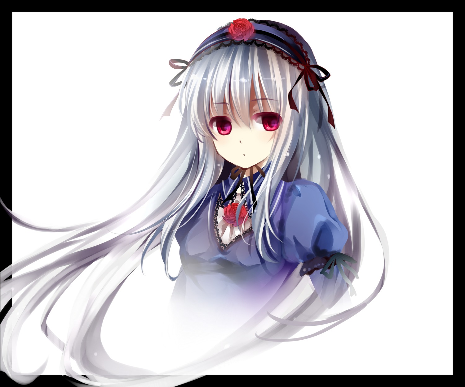 1girl bad_id bad_pixiv_id black_border blue_dress border dress flower frills gyaza hairband headdress highres image juliet_sleeves letterboxed long_hair long_sleeves looking_at_viewer photoshop_(medium) pillarboxed puffy_short_sleeves puffy_sleeves red_eyes red_flower red_rose rose rozen_maiden short_sleeves silver_hair solo suigintou upper_body very_long_hair white_background