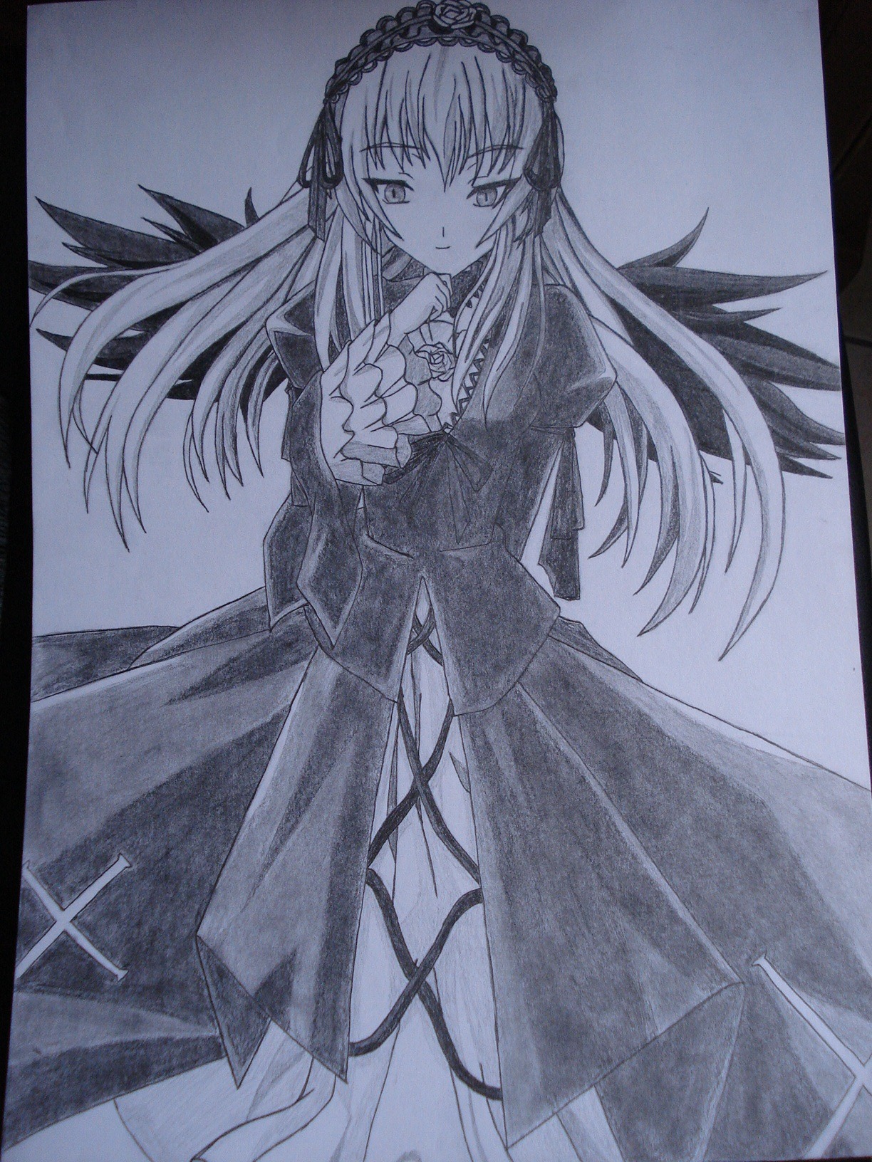 1girl auto_tagged dress flower frills greyscale hairband image long_hair long_sleeves looking_at_viewer monochrome rose shikishi smile solo suigintou traditional_media wings