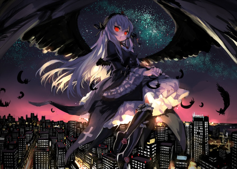 1girl black_legwear black_wings boots building city cityscape commentary_request cross doll_joints dress feathers flower frills gothic_lolita hairband hikariz image lolita_fashion long_hair long_sleeves night night_sky red_eyes rose rozen_maiden silver_hair sky solo star_(sky) starry_sky suigintou very_long_hair wide_sleeves wings