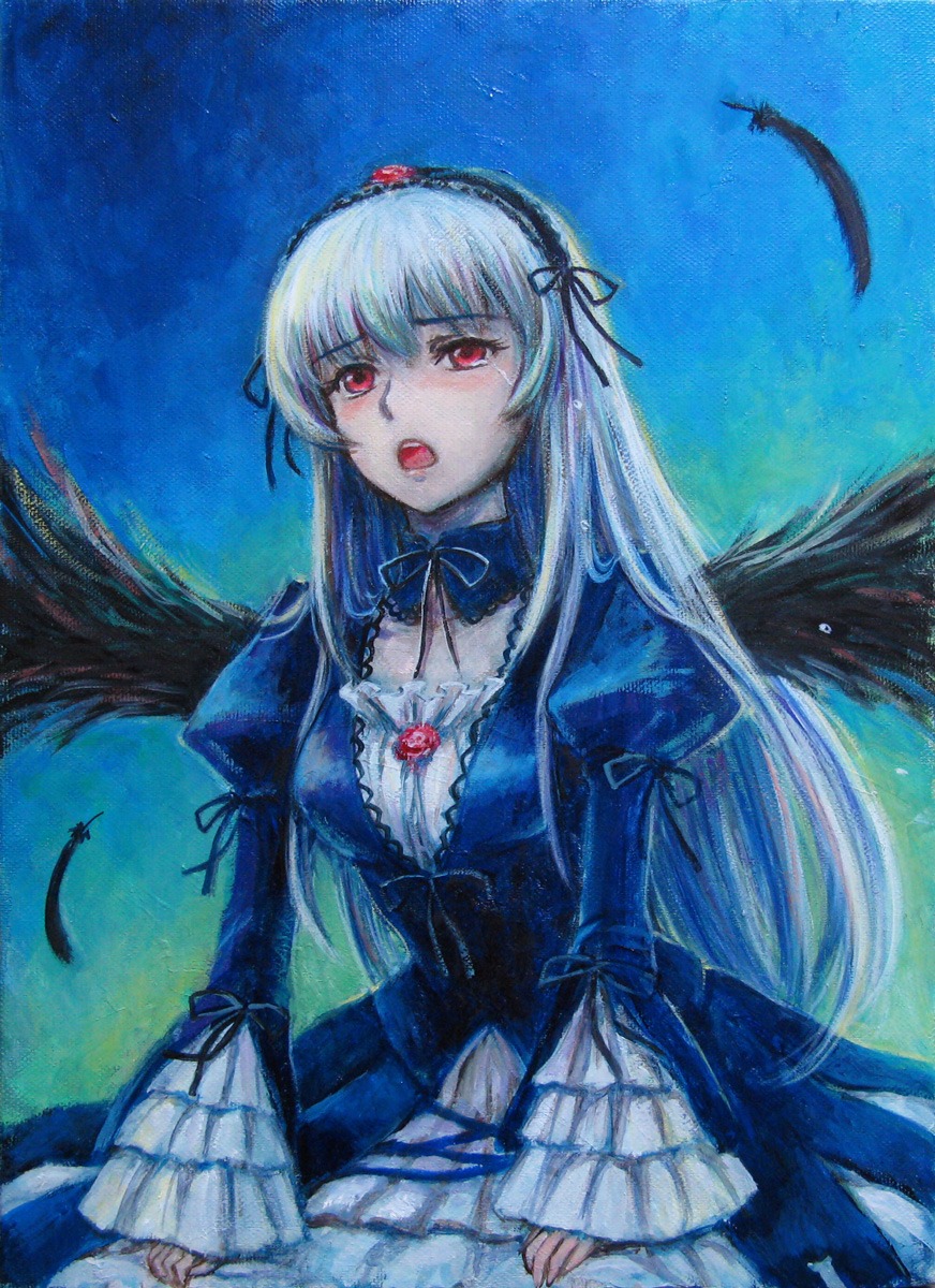 1girl black_wings commentary_request detached_collar dress feathered_wings feathers flower frilled_sleeves frills hairband highres image juliet_sleeves long_hair long_sleeves looking_at_viewer md5_mismatch night oil_painting_(medium) open_mouth painting_(medium) puffy_sleeves red_eyes resolution_mismatch ribbon rose rozen_maiden silver_hair sky solo source_smaller suigintou tafuto tears traditional_media very_long_hair watercolor_(medium) white_hair wings