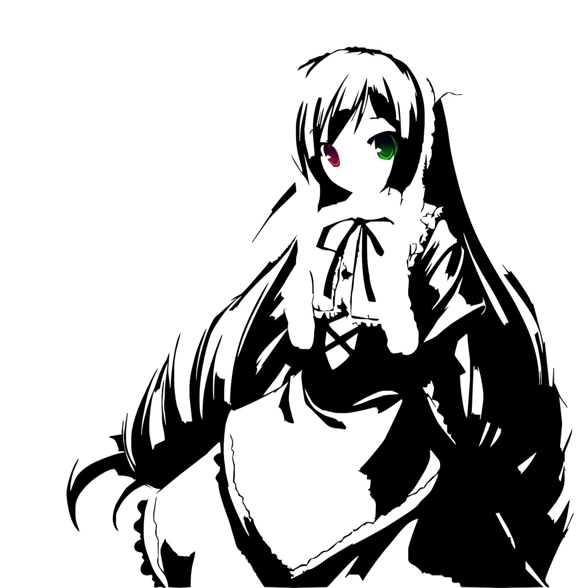 1girl dress frills green_eyes heterochromia image long_hair looking_at_viewer monochrome red_eyes ribbon simple_background solo spot_color suiseiseki very_long_hair white_background