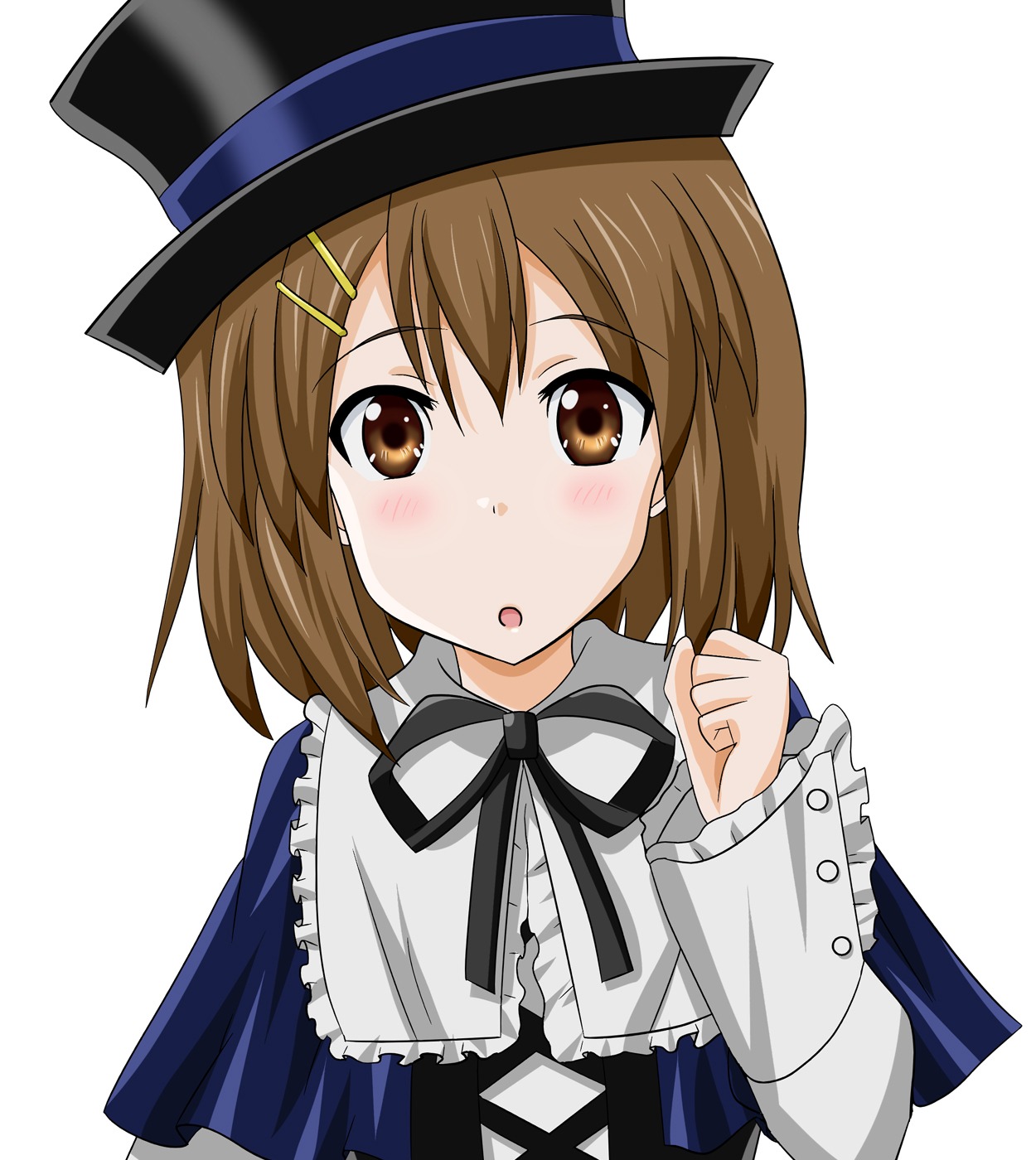 1girl :o black_ribbon blush brown_eyes brown_hair commentary_request hair_ornament hairclip hat highres hirasawa_yui image k-on! long_sleeves looking_at_viewer ribbon rozen_maiden short_hair solo souseiseki striped takumi_(rozen_garten) top_hat upper_body white_background
