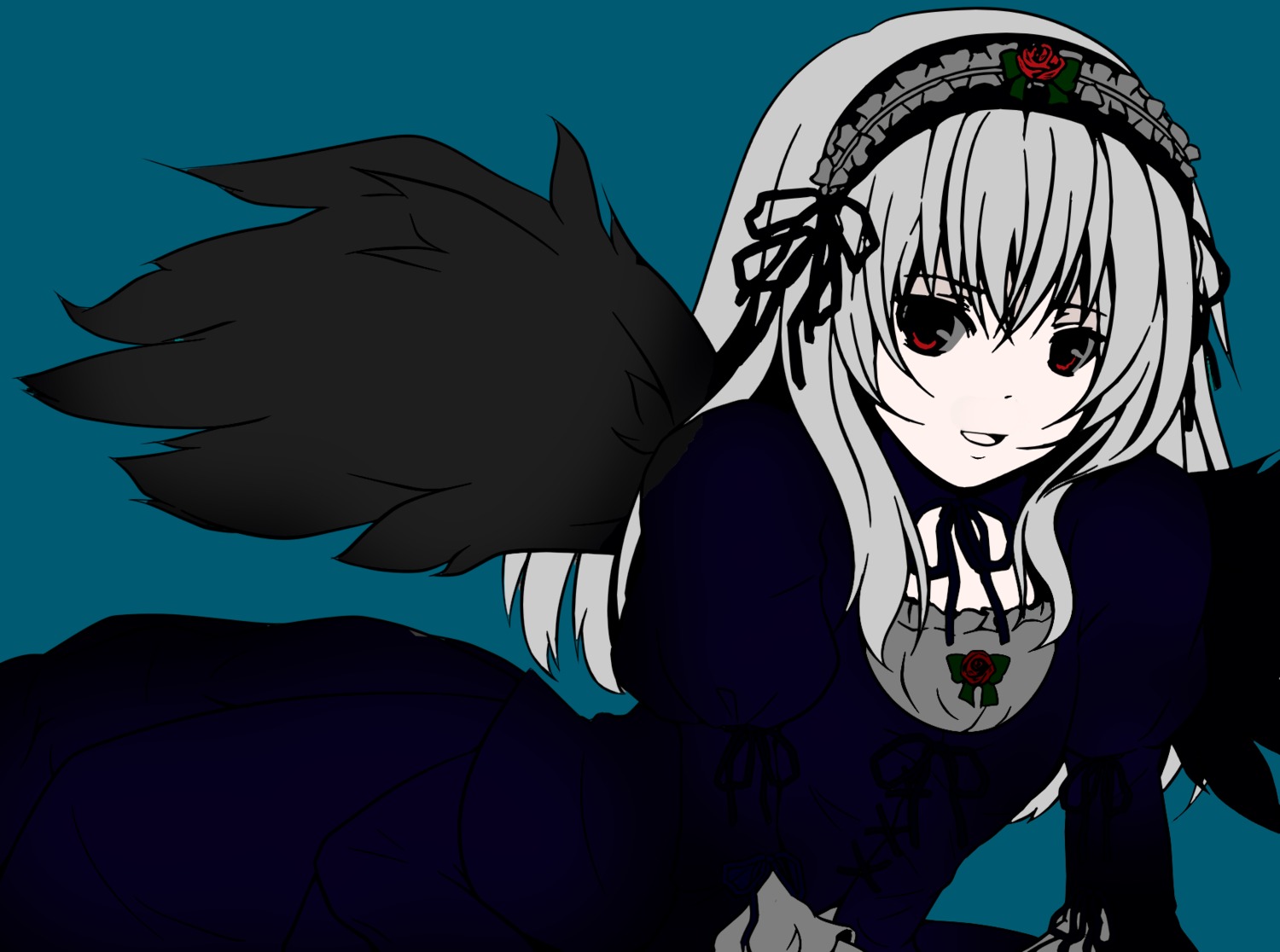 1girl akina_(schism) bad_id bad_pixiv_id black_dress black_wings blue_background colorized dress flower frills grey_hair hairband highres image juliet_sleeves long_hair long_sleeves looking_at_viewer puffy_sleeves red_eyes rose rozen_maiden silver_hair simple_background solo suigintou touin_(mercury) wings