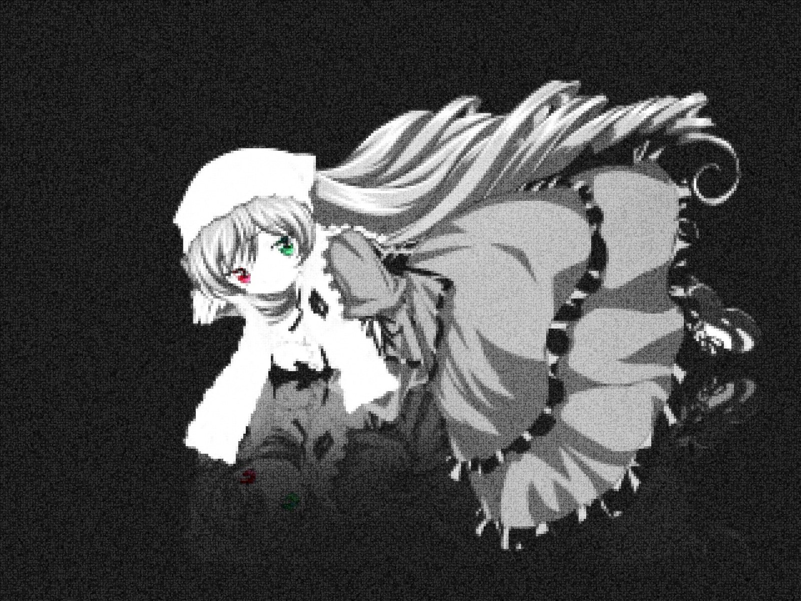 1girl black_background dress frills green_eyes heterochromia image long_hair long_sleeves looking_at_viewer monochrome red_eyes solo spot_color suiseiseki very_long_hair