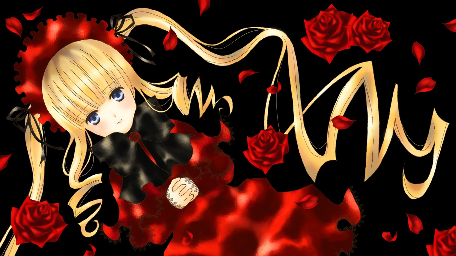 1girl blonde_hair blue_eyes dress flower image long_hair looking_at_viewer petals red_flower red_rose rose rose_petals shinku solo twintails