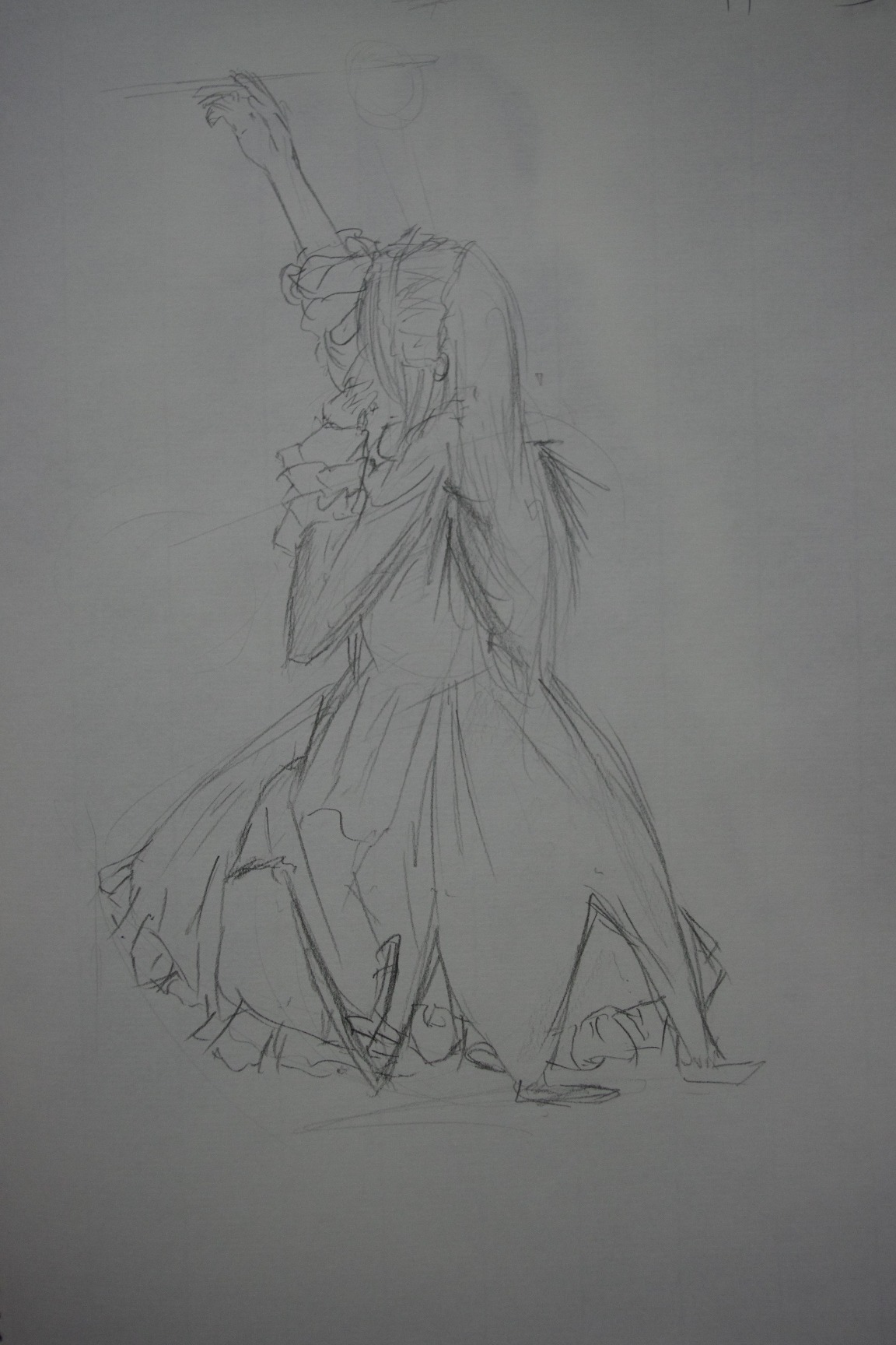 1girl dress frills full_body greyscale hat image monochrome puffy_short_sleeves puffy_sleeves short_sleeves sketch solo standing suigintou traditional_media wings