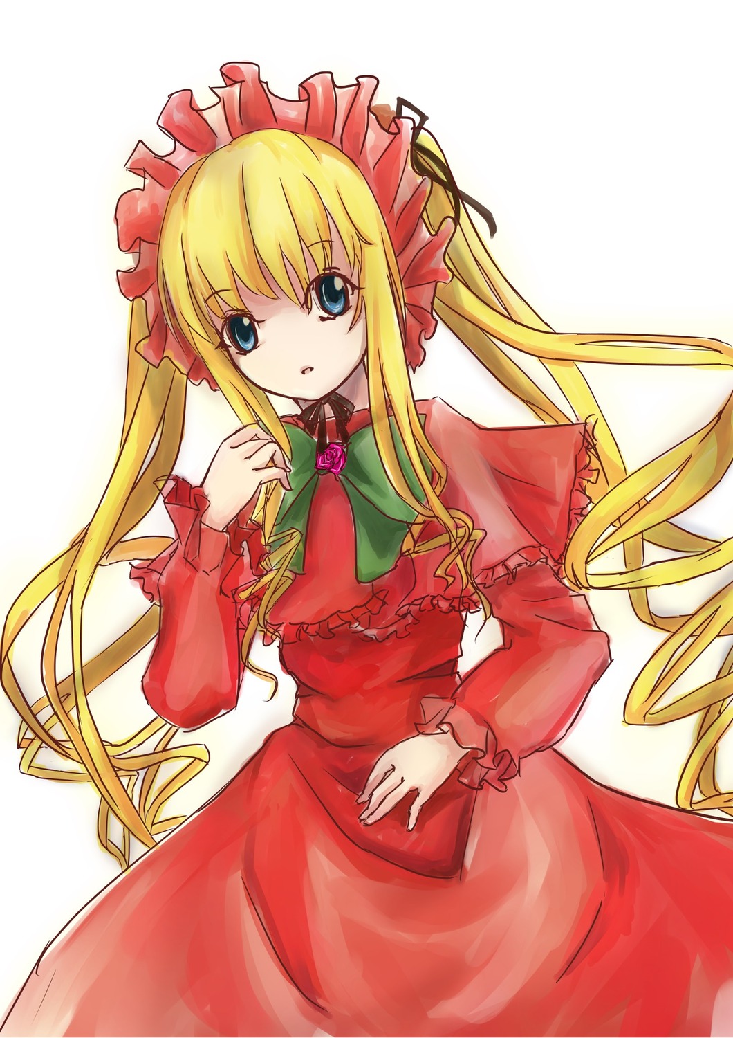 1girl blonde_hair blue_eyes bow bowtie capelet dress drill_hair flower image long_hair long_sleeves looking_at_viewer red_dress shinku sidelocks simple_background solo twintails very_long_hair white_background