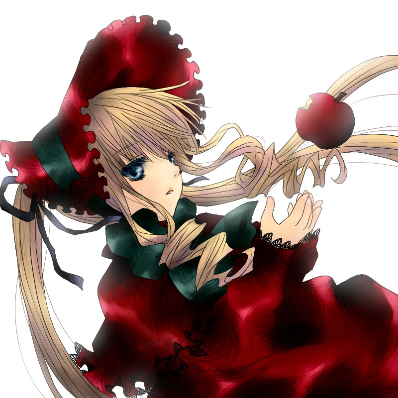 1girl blonde_hair blue_eyes bonnet bow dress drill_hair flower food fruit image long_hair long_sleeves looking_at_viewer open_mouth rose shinku solo twintails white_background