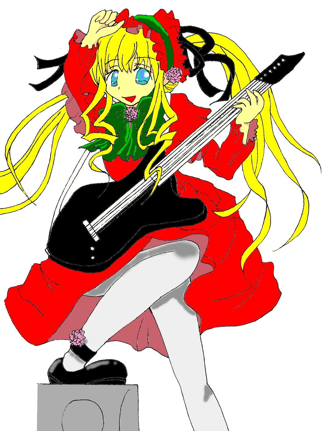 1girl auto_tagged bass_guitar blonde_hair blue_eyes bow dress electric_guitar guitar holding_instrument image instrument long_hair long_sleeves music open_mouth playing_instrument plectrum red_dress shinku solo twintails violin