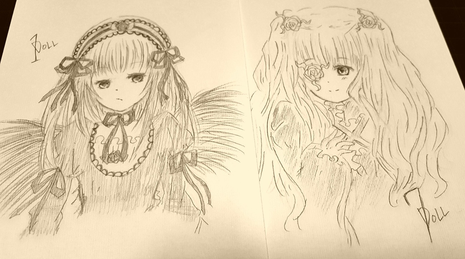 1girl 2girls bow dress flower frills hairband image kirakishou long_hair looking_at_viewer monochrome pair rose smile suigintou traditional_media upper_body