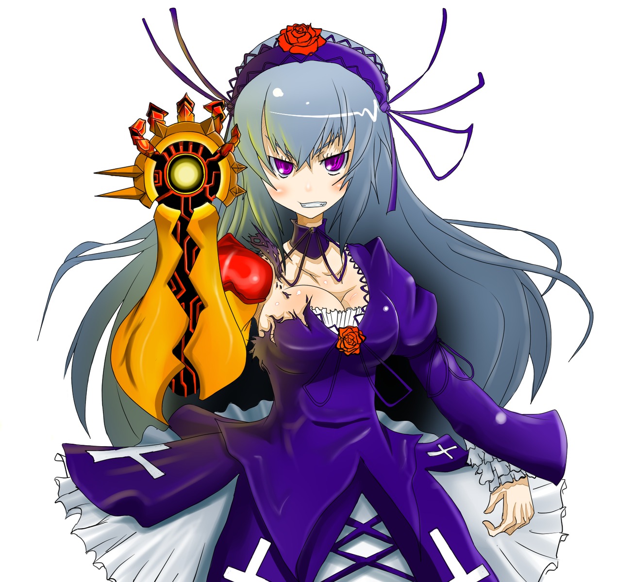 1girl breasts cleavage dress flower grin hairband image long_hair purple_dress purple_eyes rose silver_hair smile solo suigintou