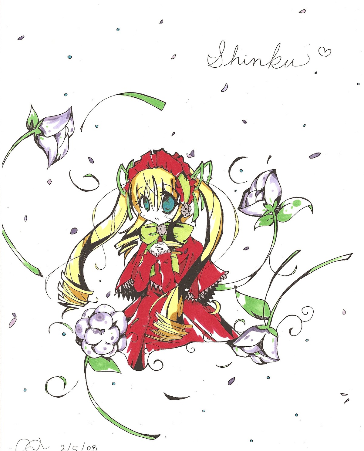 1girl blonde_hair bonnet bow bowtie capelet cup dress flower image leaf long_hair long_sleeves looking_at_viewer red_capelet red_dress shinku solo teacup twintails water_drop