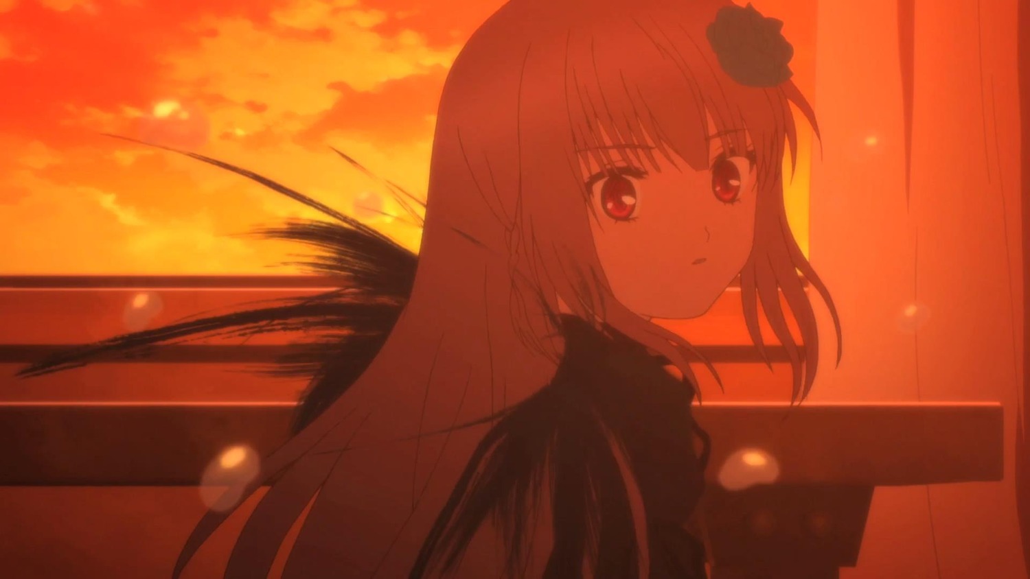 1girl bangs cloud evening eyebrows_visible_through_hair flower hair_between_eyes hair_flower hair_ornament image long_hair looking_at_viewer outdoors parted_lips red_eyes sky solo suigintou sunset