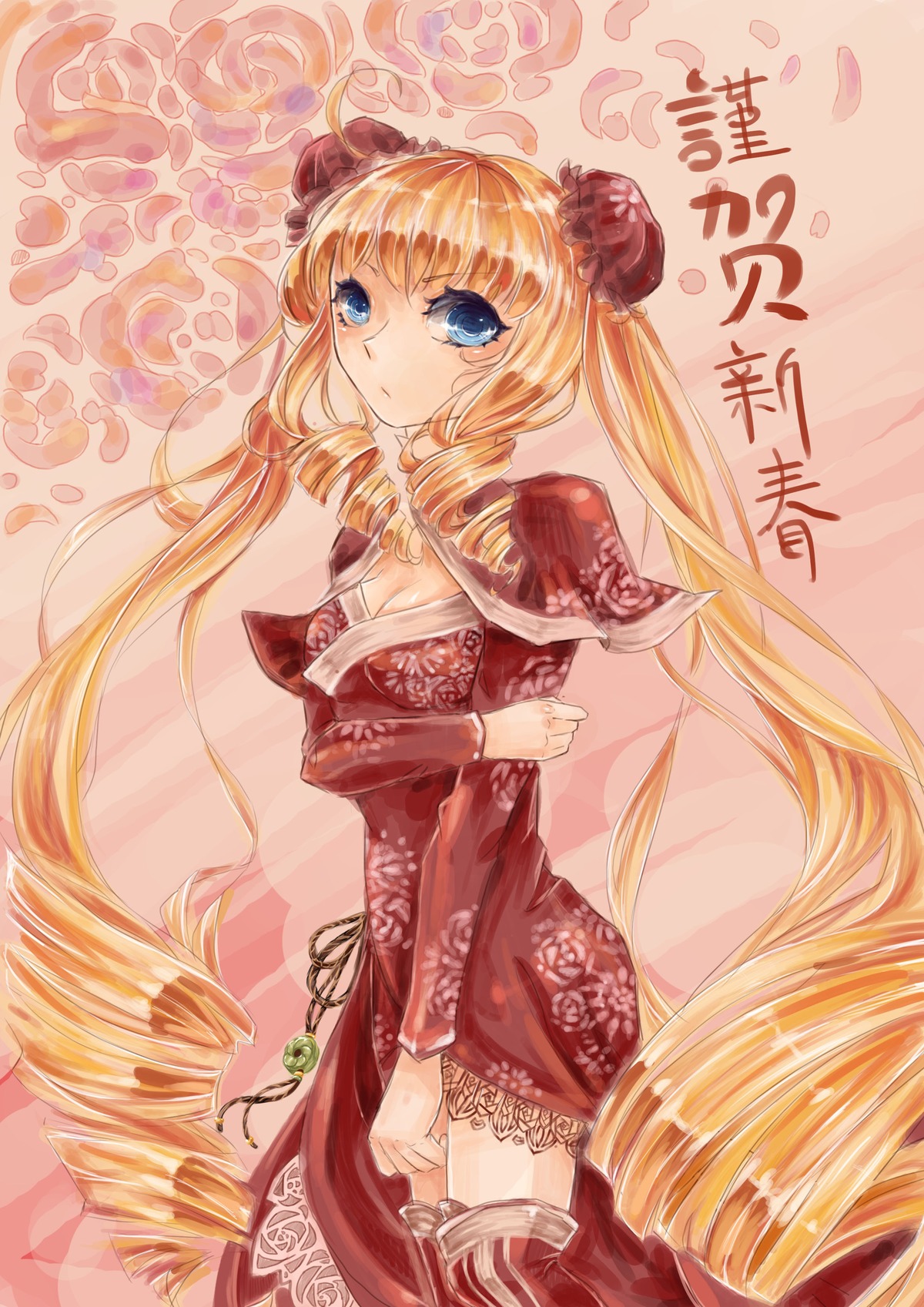 1girl blonde_hair blue_eyes breasts cleavage dress drill_hair flower hair_flower hair_ornament image lace long_hair medium_breasts shinku solo thighhighs twin_drills twintails very_long_hair zettai_ryouiki