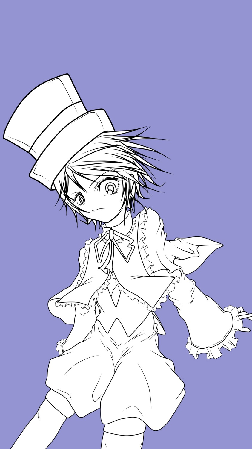 1girl blue_background blue_theme capelet frills hat image long_sleeves looking_at_viewer monochrome neck_ribbon purple_background ribbon short_hair shorts simple_background solo souseiseki standing top_hat