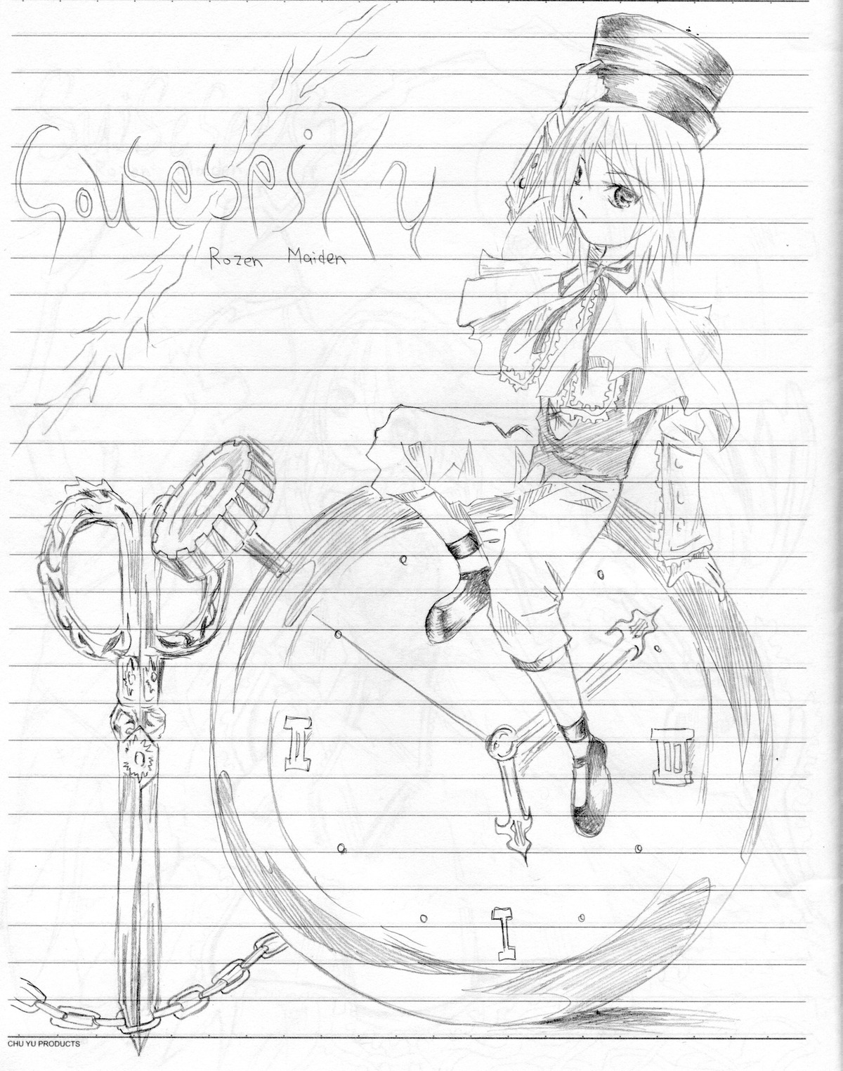 1girl greyscale hat image long_sleeves monochrome shoes short_hair sketch solo souseiseki standing