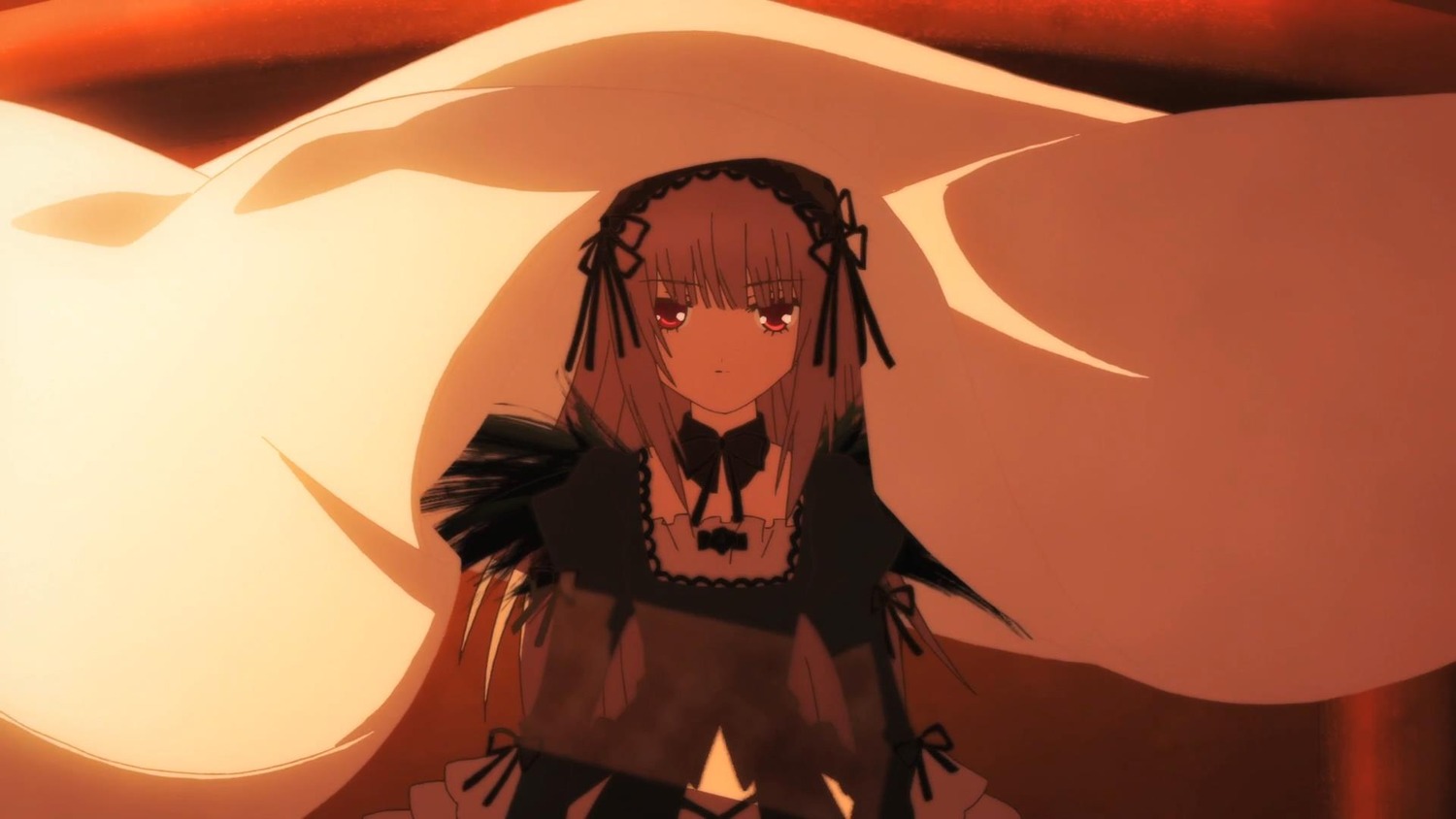 1girl bangs black_dress black_ribbon black_wings closed_mouth dress eyebrows_visible_through_hair feathered_wings flower frills hairband image juliet_sleeves long_hair long_sleeves looking_at_viewer puffy_sleeves ribbon rose solo suigintou wings