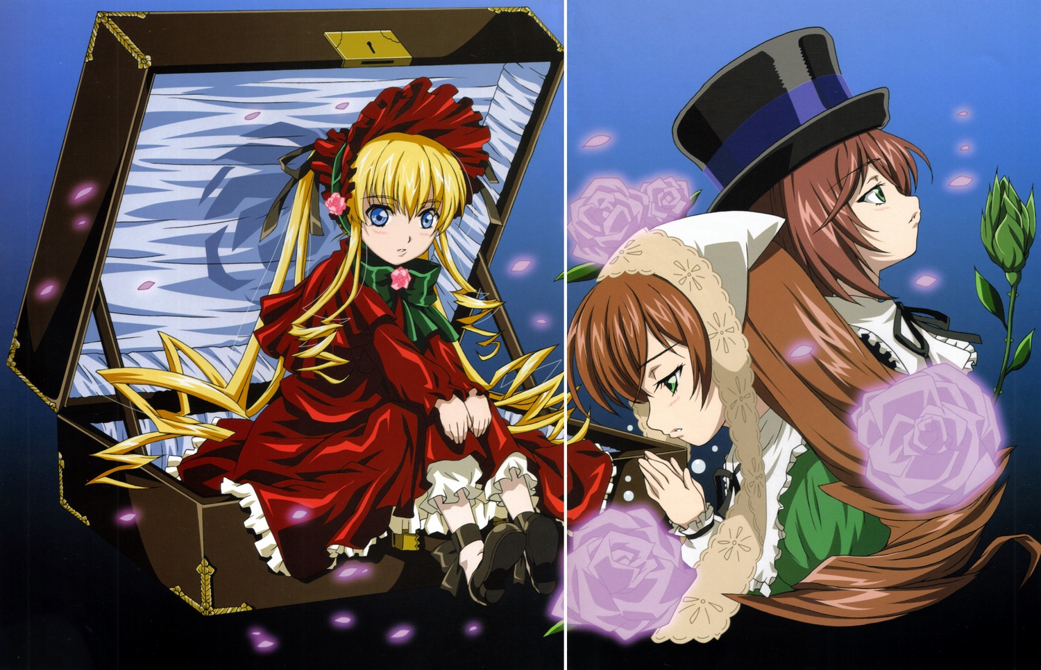 3girls blonde_hair blue_eyes bonnet bow brown_hair dress flower green_dress hat head_scarf image long_hair long_sleeves looking_at_viewer multiple multiple_girls petals pink_flower red_dress rose shinku siblings sitting souseiseki suiseiseki tagme twintails very_long_hair